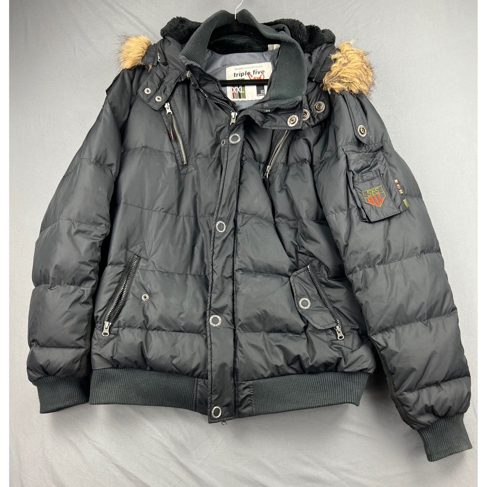 Vintage Y2K Triple Five Soul 555 Goose Down Puffer Jacket XXL Black Fur Hip Hop
